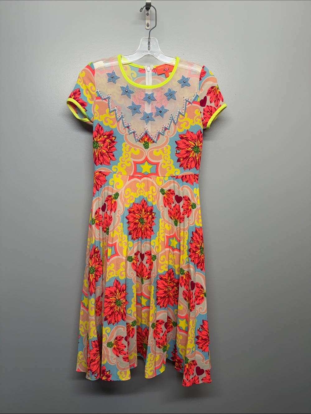 Manoush Neon Floral Mesh Beaded Yoke Pleated Midi Dress